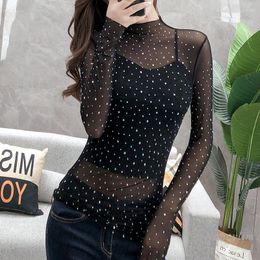 Women's T Shirts 2023 Spring Summer Diamond Rhinestones Long Sleeve Mesh T-Shirt Women Slim Fit Bottoming Tops Lady Sexy Tees Twopiece