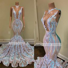 Long Mermaid Prom Dresses Black Girls Sparkly Sequin Sexy Illusion o Neck African Women Gala Evening Party Gowns robes247P