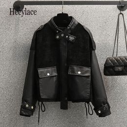 Women's Jackets Women Pu Leather Patchwork Streetwear Drawstring Cardigan Coat Autumn Winter Vintage Turtleneck Warm