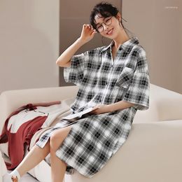 Women's Sleepwear Summer Shirt Dress Long Nightgown Cotton Short Sleeve Big Yards 3XL 4XL Night Plaid Home Clothes Robe