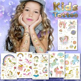 Kids Tattoo Cartoon Rainbow Unicorn Wing Waterproof Temporary Tatto Sticker Child Baby Girl Boy Pink Golden Flash Tatoo Body Art
