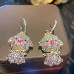 Dangle Earrings Sweet Cute Pig For Women 925 Silver Needle Colourful Cubic ZirconiaTemperament Animal Luxury Jewellery