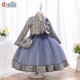 Outong 3pcs Spanish Style Dress Cotton Lining Jaquard Fabric Girls Kids Fashion Clothes Children Dresses Mandarain Collar Coat