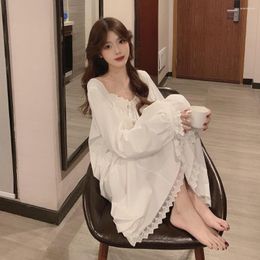 Women's Sleepwear Korean Style Womens Lace Long Sleeve Nightgown White Night Dress Nightwear Ruffles Wears For Women Pyjamas 2023