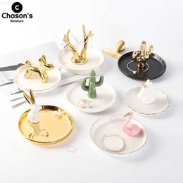 Decorative Objects Figurines Nordic Animal Ceramics Jewellery Tray Kawaii Necklace Earring Bracelet Container Snack Holder Unicorn Deer Rabbit L230724