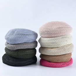 Berets Stiff Linen Blended Breathable Knitted Caps For Women Hollow Woven Lady Painter Cap Temperament Mushroom Summer Hats