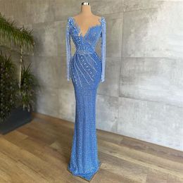 Shiny Evening Dresses Luxury 2021 Tulle Lace Beaded Long Sleeve Formal Prom Gown Women Event Party Vestidos De Fiesta287u