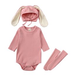 Baby Boy Romper 0-24M Newborn Girl Rompers Cotton Long Sleeve Jumpsuit Outfit Clothes Autumn Ribbed Bodysuit + Rabbit Hat + Stockings 3PCS Outfit