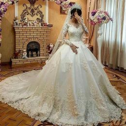 Arabic Kaftan Princess Ball Gown Wedding Dresses with Long Sleeve Sheer Jewel Neck full Lace Applique Muslim Church Train Wedding 245N