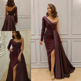 Элегантные бордовые арабские платья Вечерние носите одно плечо -аппликации сплит боковые формальные платья рукава длина длинные платья для выпускного вечера280Y