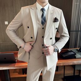 Men's Suits (Jacket Vest Trousers) Fashion Tailcoat Boutique Business Blazers Slim Wedding Double Breasted Pants 3 Pcs Set