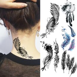 Black Feather Neck Temporary Tattoos For Women Adult Dream Catcher Wings Realistic Fake Tattoo Waterproof Body Art Tatoos Decal