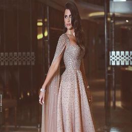 Luxury Blush Pink Prom Dresses A Line Spaghetti Straps Beaded Crystals Floral Applique Wateau Train Rhinestone Formal Evening Part297i