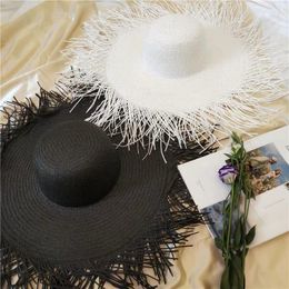 Wide Brim Hats Luxury Casual Hand-knitted Straw Hat Summer Big Visor Holiday Women Tassel Beach Travel Sun