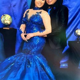 New Customise Royal Blue Evening Dresses High Neck Long Sleeves Lace Appliques Evening Gowns Plus Size Satin Mermaid Formal Wear203g