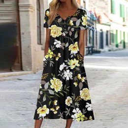 Casual Dresses Women Summer Short Sleeve Floral Print Crew Neck Loose Dress Boho Beach Mini With Pocket