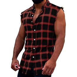 Men's Tank Tops Summer Fashion Casual Plaid Print Sleeveless T Shirt Vest Buckle Sanding Korean Style Mens Beach 230721