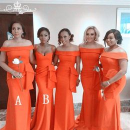 African Orange Mermaid Bridesmaid Dresses Satin Plus size Prom Evening Party Dresses Off the shoulder Ruched Wedding Guest Bridesm287W