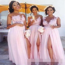 2019 Blush Pink Long Bridesmaid Dresses Chiffon Lace Appliqued Floor Length High Slits Maid Of Honour Prom Gowns Wedding Guest Dres3018