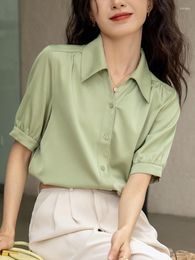 Women's Blouses Satin Shirt 2023 Summer Short Sleeve Clothing Loose Solid Top Tees Fashion Casual Cute Elegant Outifits