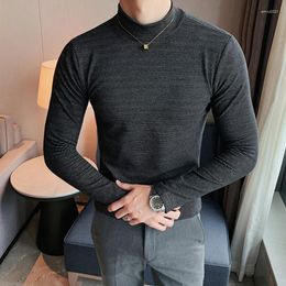 Men's Sweaters 2023 Spring And Autumn Dark Striped Half-high Collar Thickened Long-sleeved T-shirt Slim Bottoming With Gray Top