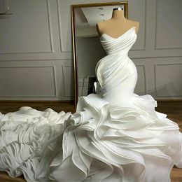 Tiered Ruffles Mermaid Wedding Dresses Pleats Sweetheart Chapel Train Gorgeous Bridal Gowns Nigerian Arabic Marriage Dress Robe De301w