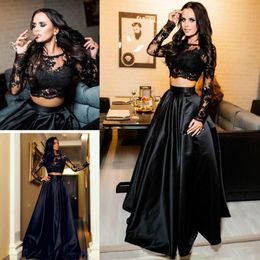 Sexy Two Pieces Arabic Evening Dresses Ball Lace Long Sleeve Black Plus Size 2018 Saudi African Prom Party Women Gowns Formal Wear252o