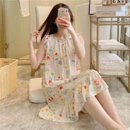 Women's Sleepwear Korean Style Nightgown Lace Womens Floral Night Dress One Piece Pyjamas Summer Bow Sleep Ruffle Sleeveless Home Wear