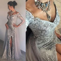 Stunning Luxurious Silver Evening Gowns Heavy Beading Sequins V-Neck 3 4 Sleeves Mermaid Prom Dresses Sexy Side Split Lace Evening268V