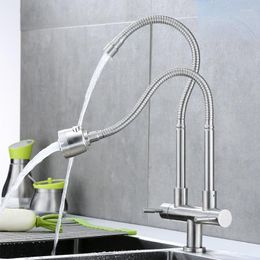 Kitchen Faucets 304 Stainless Steel Single-cold Universal Double-tube Sink Faucet Brushed Type Rotatable Tube