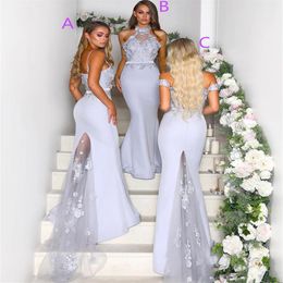 2021 Elegante sirena Backless abiti da damigella d'onore per la cerimonia nuziale stili misti Appliques Sweep treno damigella d'onore abiti Custom Made284J