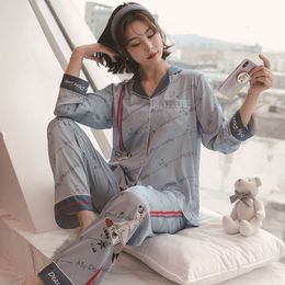 Women's Sleepwear Long Sleeve Pyjamas Suit For Women 2PCS Pj's Sets Satin Sleepwear 2PCS Sleep Tops Pants With Buttons Sexy Cartoon Nightwear 230721