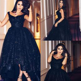 2020 Arabic Black Evening Dresses Plunging Neck Lace Sequins High Low Prom Dress A Line Beaded Plus Size Formal Robes De Soiree247G
