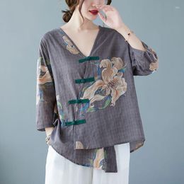 Women's Blouses 2023 Summer Arts Style Women 3/4 Sleeve Loose Asymmetry Shirts Vintage Button Cotton Linen Print V-neck Blouse Female Tops