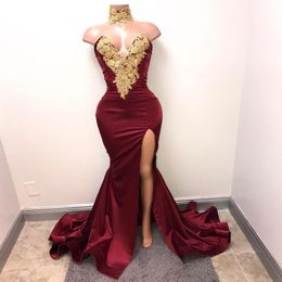 Burgundy Mermaid Prom Dress Lace Appliques Sexy Slit Deep V-Neck Evening Gowns Formal Dresses243R