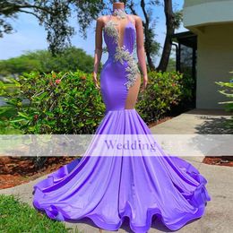 Purple Halter Neck Mermaid Prom Dresses Floral Appliques Graduation Birthday Party Gown Robe De Soiree230b