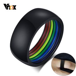 Vnox 8MM Minimalist Style Stainless Steel LGBT Pride Rings for Women Men Rainbow Stripes Inside Dome Shape