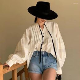 Women's Blouses Summer Boho Casual White Shirts French Lazy Style V-neck Pleated Loose Long Sleeve Fashion Chic Women Holiday Tops
