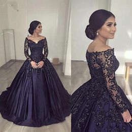2020 New Luxury Puffy Quinceanera Dresses Navy Blue Lace Appliques Long Sleeves Ball Gown Prom Dress Plus Size Formal Evening Part288W