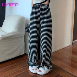 Women's Pants Summer Ice Silk Thin Small Striped Slacks Wide Leg Straight High Waist Loose And