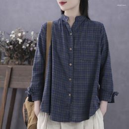 Women's Blouses Vintage Early Autumn Checked Shirt Women Long Sleeve Slouchy Stand Up Collar Lace Wear Age Reducing Versatile Blouse Coat