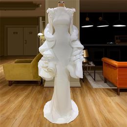 Mermaid High Neck White Evening Dresses Long Sleeve Couture Dubai Prom Dress Vestidos Aibye Islamic Pageant Gowns For Saudi Arabia2780