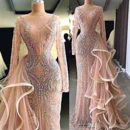 Champagne Luxurious Beaded Evening Dresses Detachable Train Real Pictures Long Sleeves Mermaid Prom Dresses Pageant Formal Party G2958