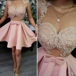 2018 Cheap Cocktail Party Dresses Blush Pink Sheer Neck See Though Applique Beaded Crystal Graduation Short Mini Homecoming Girls 2987