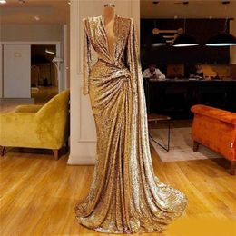 2020 Sparkly Gold Mermaid Evening Dresses Deep V Neck Sequins Long Sleeve Prom Dress Sweep Train Formal Party Second Reception Gow316g