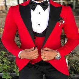 Slim Fit Red Groom Tuxedos Black Peak Lapel Groomsman Wedding 3 Piece Suit Fashion Men Business Prom Jacket BlazerJacket Pants Ti223F