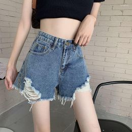 Women's Shorts Denim High Waist Summer Button Wide Leg Jeans Casual Loose Blue Spicy Girls Show Thin