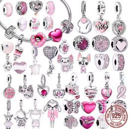 925 Silver Fit Pandora CharmPink Original Love Glass Heart Shape Fashion Charms Set Pendant DIY Fine Beads Jewelry, A Special Gift for Women