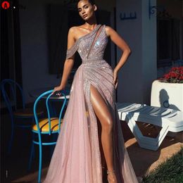 2022 Elegant Off Shoulder Long Prom Dresses Full Beaded For Arabic Women Sexy Front Split Formal Evening Pageant Gowns Robe De Soi1969