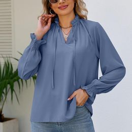 Women's Blouses Long Sleeve Chiffon Shirt Casual Office V-Neck Loose Blouse Fashion Tops Soft Lady Blusas 27978